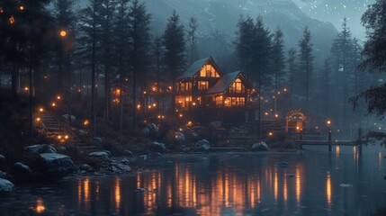 Obraz premium Cozy illuminated cabin nestled in snowy forest with trees reflecting on the tranquil frozen lake on a magical winter night Idyllic atmospheric nature landscape with rustic cabin life adventure