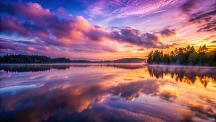 Swirling clouds of purple mist float above a serene lake at sunset, reflecting off the calm water , lake, mist,  lake, mist