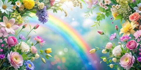 Obraz premium Pastel rainbow hues on a serene spring background with fresh greenery and blooming flowers , floral decor, botanicals