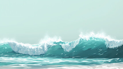 Ocean waves breaking on the shore with shades of turquoise and silver, oceanic power, sea spray. Shaded Shore. Illustration