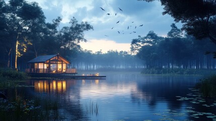 Fototapeta premium Cozy wooden cabin nestled in the lush serene forest by a tranquil mirror like lake reflecting the warm glowing colors of the sunset sky A peaceful