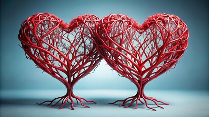 A pair of red hearts intertwined like the branches of a tree branch , symbol, passion