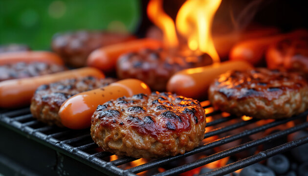 Hot burgers, sausages grill on barbecue. Summer cookout with sizzling meats. Grilling food on outdoor grill. Summer bar-b-q with burgers, sausages. Enjoying juicy burgers, sausages. Grill getting - Powered by Adobe