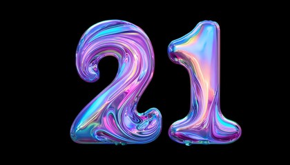 21 iridescent number twenty one,  isolated on black background - neon glowing number