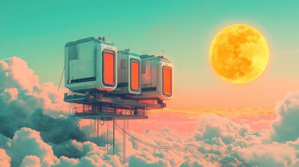 Surreal and futuristic of floating eco friendly solar powered homes suspended in a conceptual sci fi inspired landscape with a glowing moon and sun in the sky