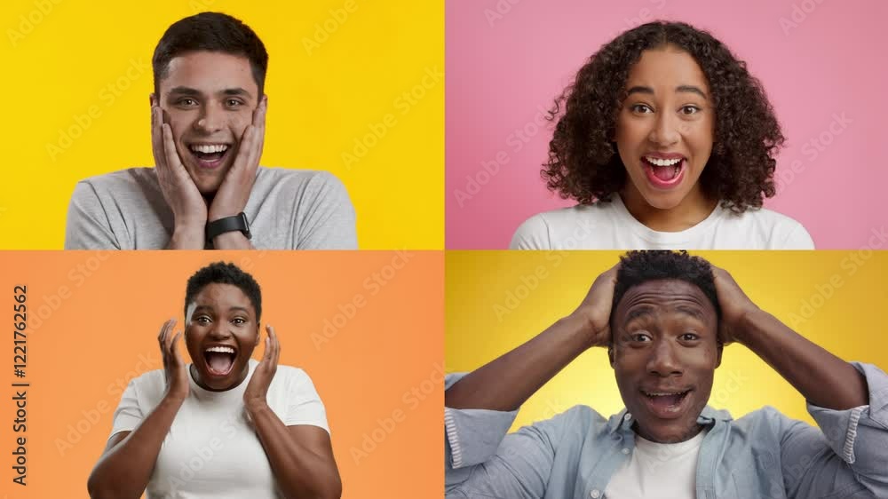 Fototapete Four people showcase a range of emotions including joy and surprise. Each individual is framed within a colorful background, emphasizing their dynamic expressions and diversity.