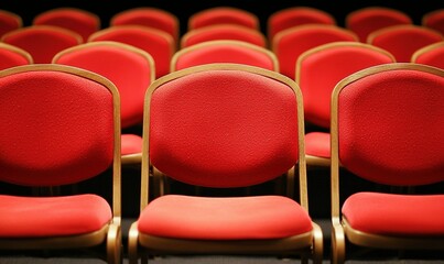 Obraz premium Empty red chairs in dark auditorium, ready for audience, event, or presentation