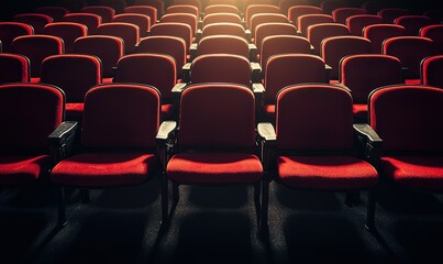 Fototapeta premium Empty red cinema or theater seats in rows, spotlight, dark background, ideal for entertainment concepts