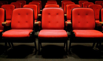 Obraz premium Empty red cinema seats in a dark theater, ready for an audience