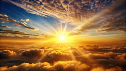 Obraz premium A majestic sun shining through the wispy clouds, illuminating a serene landscape with warm golden hues and soft diffused light filtering through the sky , warm-hues, diffuse-light