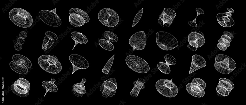 Poster Retrofuturistic 3D wireframe shapes, digital visualization abstract complex elements, universal geometric shapes, objects from 3D mesh. Retro wireframe elements, Sci-fi graphic box. Vector collection