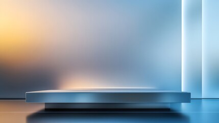 A podium in a sleek, futuristic room with metallic panels and ambient lighting, the background blending into a soft gradient of blue and white