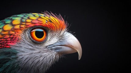 Colorful Parrot Portrait with Vibrant Feathers and Intense Eye, Showcasing Natural Beauty Against a Dark Background, Perfect for Bird Lovers and Nature Enthusiasts