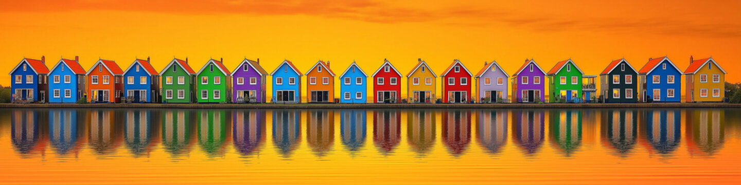 Colorful houses reflecting in water at sunset in houten, netherlands