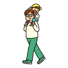 お父さんに肩車をされて楽しそうに周りを見渡す男の子のイラスト