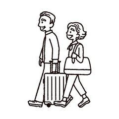 スーツケースを持って旅行に向かうシニアのイラスト　夫婦　モノクロ