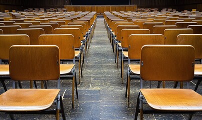 Fototapeta premium Empty wooden chairs in a large auditorium, stage in background, ready for a conference