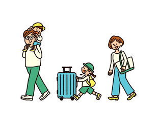 家族　旅行　スーツケース　空港　手書き　イラスト