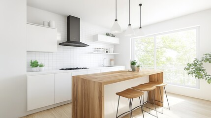 Fototapeta premium Modern Bright Kitchen with Wood Accents and Large Windows, Featuring Stylish Bar Seats and Minimalist Design Elements for Contemporary Living Spaces