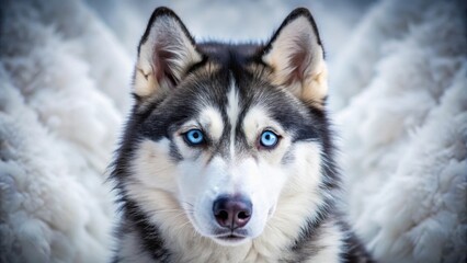 Obraz premium Intense gaze of a Siberian Husky with piercing blue eyes, surrounded by soft, fluffy fur and a gentle expression