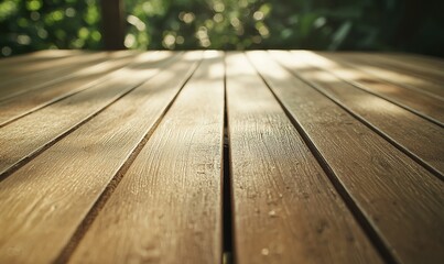 Empty wooden table in lush garden with dappled sunlight, ideal for product placement