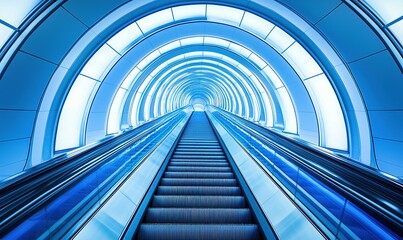 Obraz premium Escalator ascending in modern blue tunnel with arched ceiling
