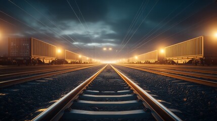 Fototapeta premium Captivating Perspective of Empty Train Tracks Glowing Under Dramatic Night Sky with Freight Cars Illuminated by Ambient Lights