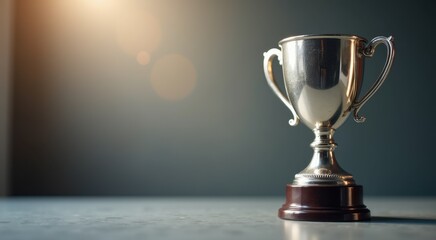Silver trophy on a table with a blurry background