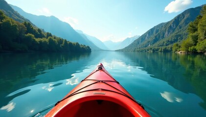 Kayak on lake with surrounding hills and trees, paddle, canoe, serenity