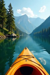 Kayak on lake with surrounding hills and trees, peaceful, trees