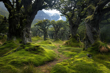 Fototapeta premium Enchanted forest path winding through ancient moss-covered trees with misty mountains in the background