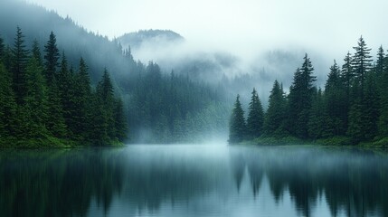 Misty Mountain Lake Serenity: A Breathtaking View of Nature's Tranquility