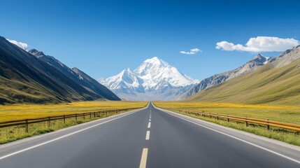 Naklejka premium Scenic Mountain Landscape with a Clear Sky and Open Road Leading to Majestic Peaks Surrounded by Lush Greenery and Wildflowers in Vibrant Colors