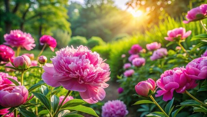 Colorful pink peonies blooming in a lush garden surrounded by greenery and sunlight filters through the trees, garden backdrop, nature background