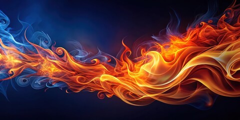 Vibrant abstract flames with swirling patterns in shades of orange and red against a dark blue background