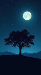 Night sky with a lone tree and a full moon