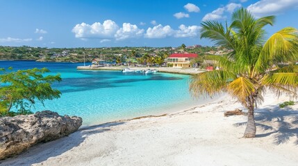 Idyllic Caribbean Beach Scene With Palm Trees And Boats