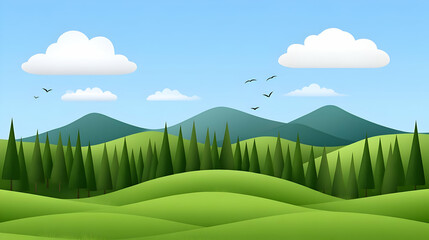 Obraz premium Green hills, blue sky, birds fly. Nature landscape background