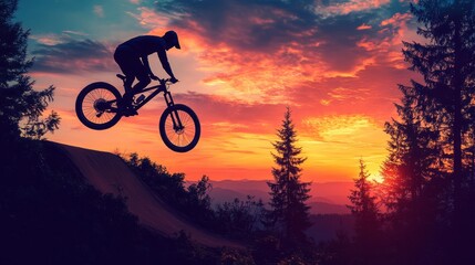 Obraz premium Sunset Mountain Biker Performing Jump Against Vibrant Sky