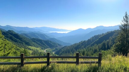 Fototapeta premium Scenic Mountain Landscape with Lush Greenery and Breathtaking View of Rolling Hills Under Clear Blue Sky in Daylight