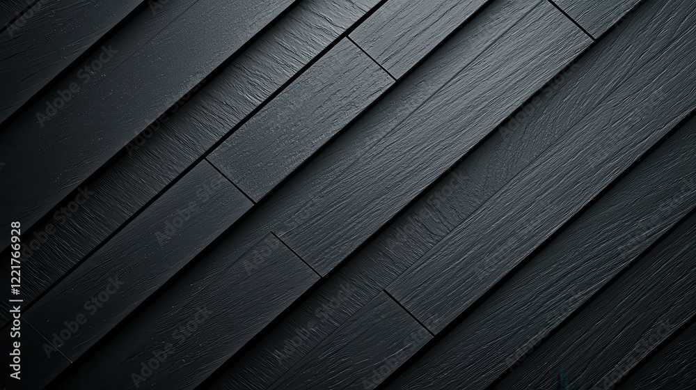Poster Textured black wooden planks arranged diagonally create modern and stylish background. surface showcases rich grain pattern, adding depth and sophistication to any design