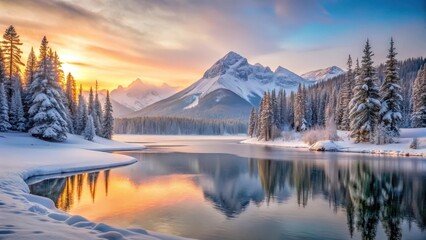 Serene snow-covered mountain landscape with a frozen lake in the foreground and a hint of sunrise in the distance, serene landscape, snow-covered trees