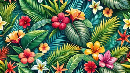 Naklejka premium Colorful Tropical Seamless Pattern with Palm Leaves and Exotic Flowers , design element, floral