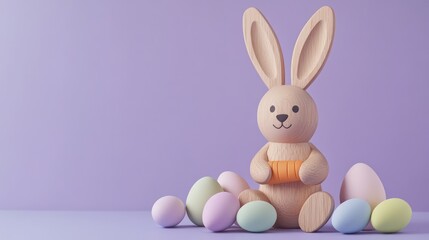 Obraz premium Minimalist wooden bunny holding a carrot surrounded by pastel Easter eggs on a purple background