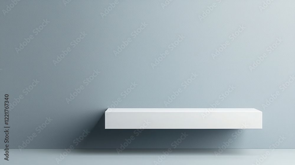 Poster simple gray backdrop with floating white shelf creates calming atmosphere, perfect for showcasing de