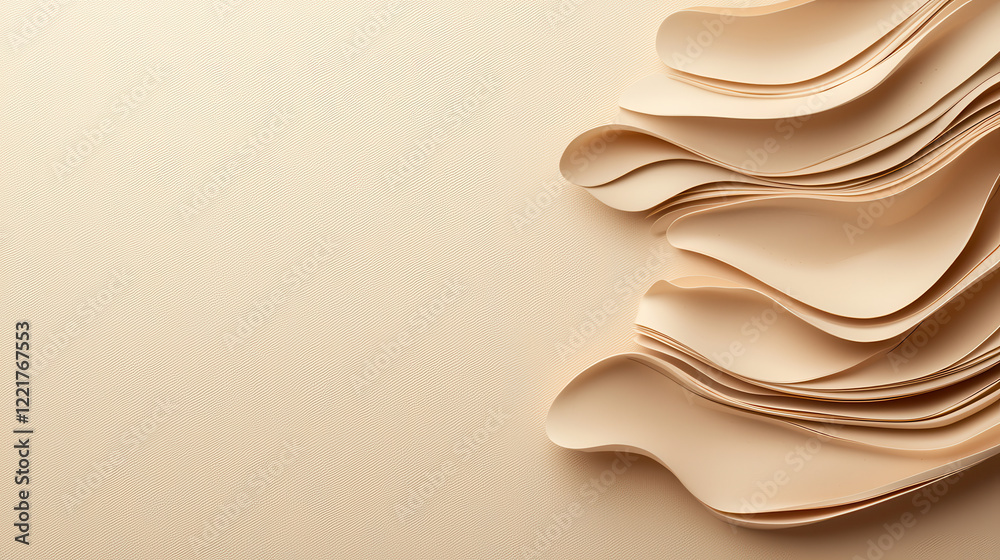 Poster Soft flowing paper layers on cream background create serene and elegant composition. gentle curves and textures evoke sense of calm and creativity
