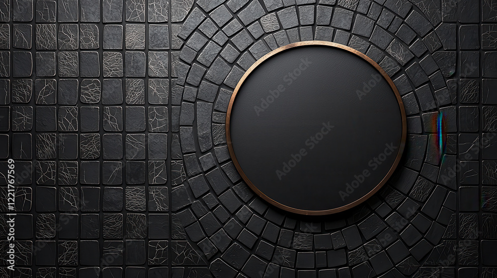 Poster black and grey mosaic style background with circular frame, creating modern and elegant design. textured tiles add depth and sophistication to overall aesthetic