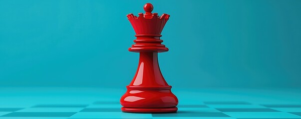 A vibrant red chess piece, resembling a king, stands prominently against a bright blue background.