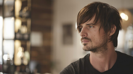 Obraz premium thoughtful man with tousled hair gazes into distance, reflecting on life in cozy indoor setting