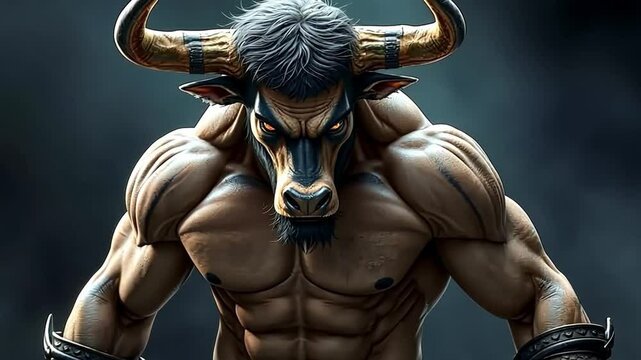 Minotaur illustrated: muscular hybrid, aggressive eyes, dark swirling background.